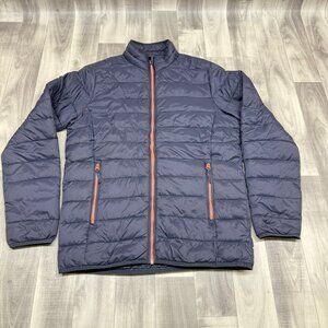 ✅ Mens L Crivit Puffer Jacket Blue W/Orange Accents Lightweight Warm Winter Coat